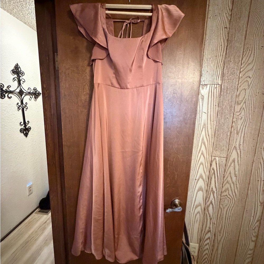 Azazie Bronzer Maxi Dress with Ruffle Sleeves